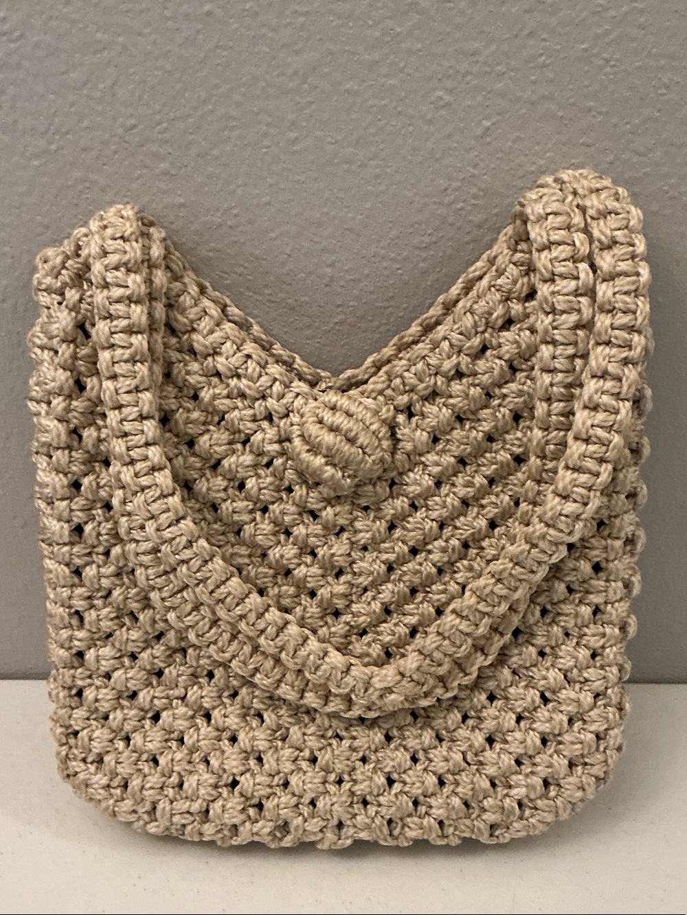 Beige Crochet Shoulder Bag with Button Closure